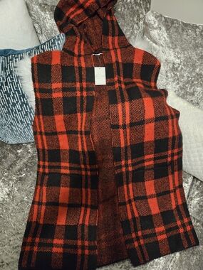 Hooded Plaid Sleeveless Cardigan - Red & Black
